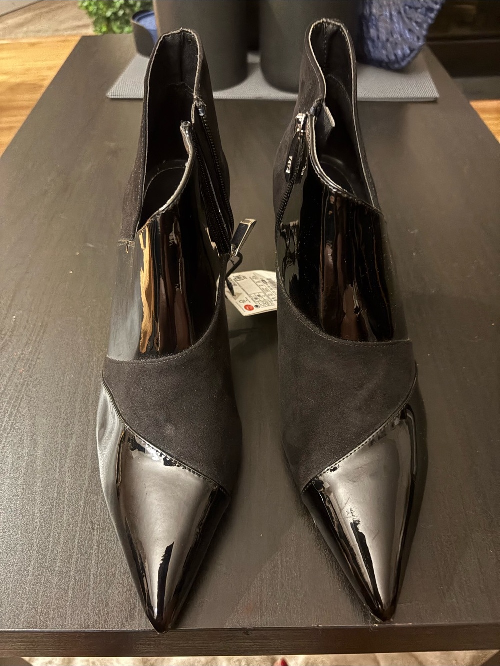Zara Black Patent and Suede Pointed Ankle Boots 10/41